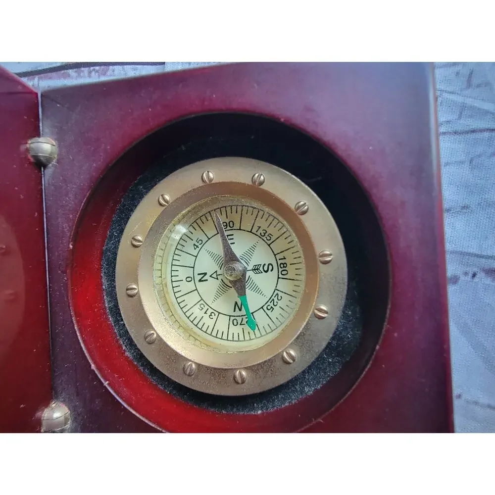 Vintage Navigator Clock & Compass Encased in Hinged Mahogany Wooden Box Untested